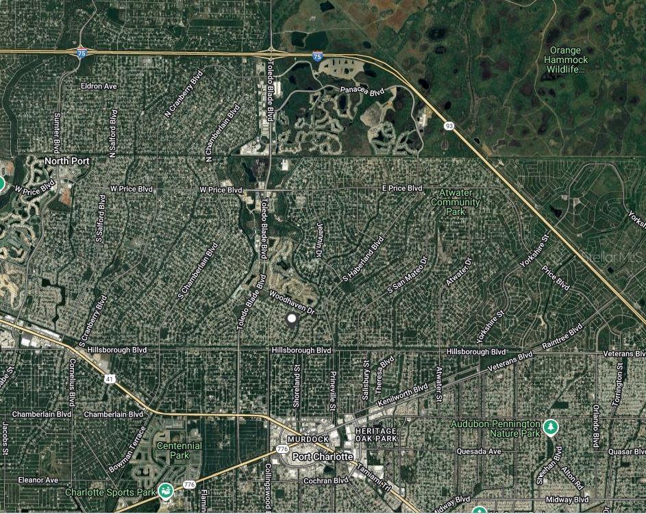 This is a satellite map showing the residential streets and parks of North Port, Florida — NORTHLAND AVENUE, NORTH PORT, FL