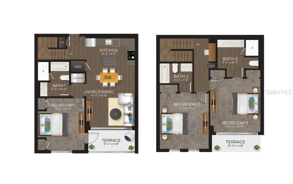 This floor plan shows a two-level residential unit with three bedrooms, three bathrooms, and two terraces — 536 BAHIA BEACH BOULEVARD UNIT 422B, RUSKIN, FL