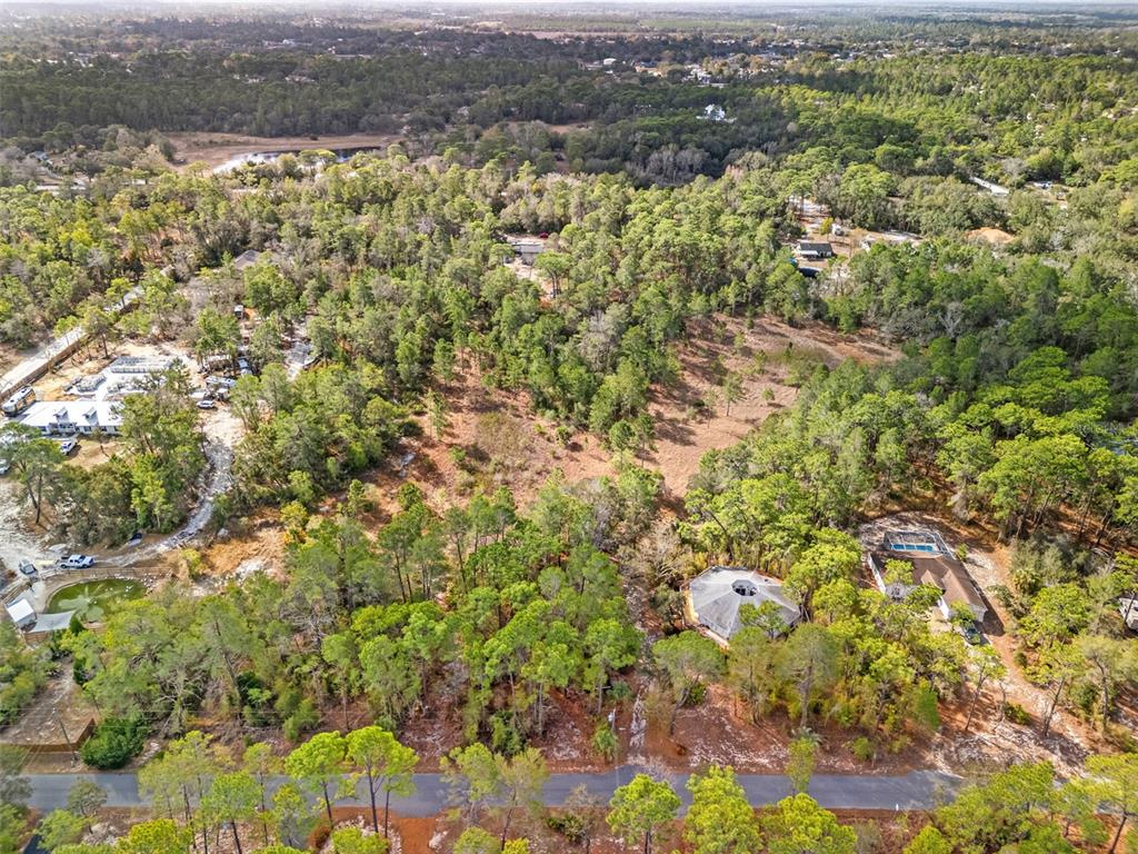 An aerial view shows a wooded lot with two houses and a road — 9142 MICHIGAN AVENUE, WEEKI WACHEE, FL