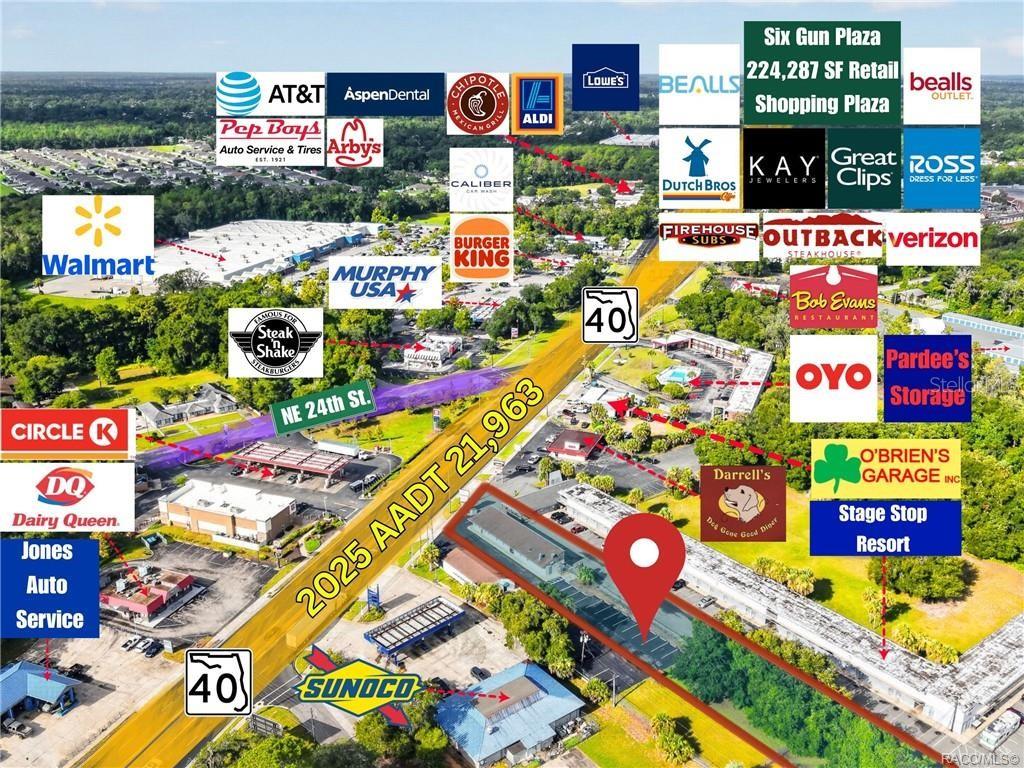 This is an aerial map showing a commercial area with various businesses and road labels — 5195 E SILVER SPRINGS BOULEVARD, SILVER SPRINGS, FL