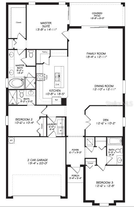 This is a floor plan for a single-story home featuring three bedrooms, a den, and garage — 1379 PALMETTO DUNES STREET, DAVENPORT, FL