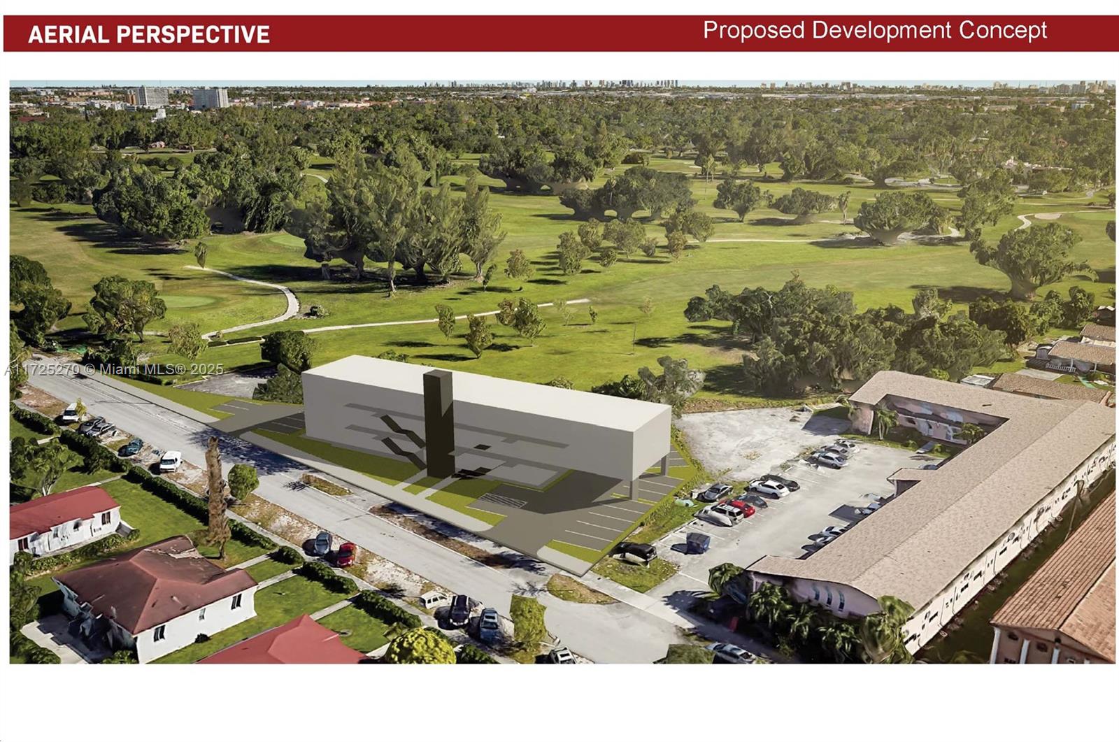 An aerial rendering shows a proposed rectangular building development situated next to a golf course — 627 Eldron Dr, Miami Springs FL 33166, MIAMI SPRINGS, FL