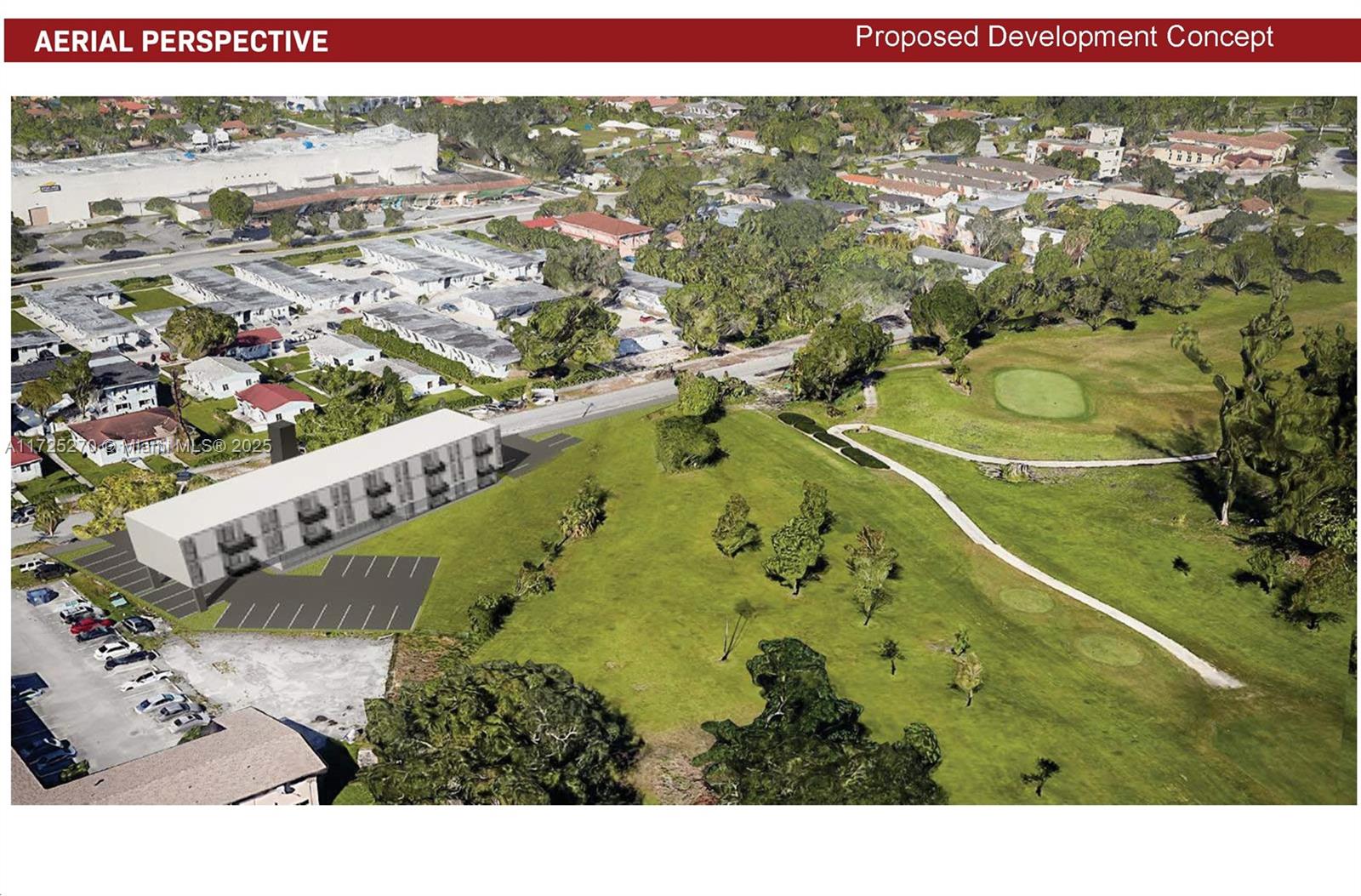 This rendering shows a proposed building development situated next to a golf course and residential area — 627 Eldron Dr, Miami Springs FL 33166, MIAMI SPRINGS, FL