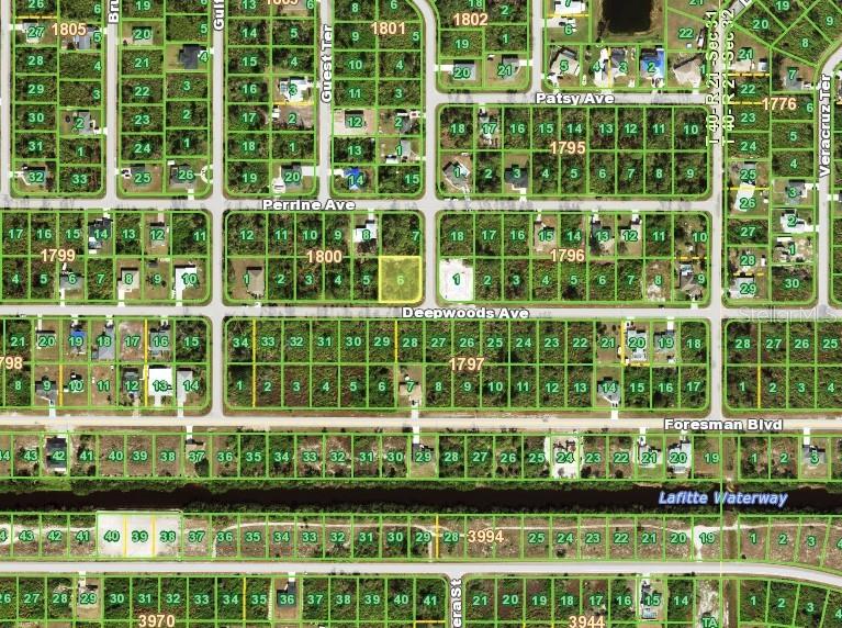 This is a satellite map view of a residential neighborhood with numbered land parcels — 12448 DEEPWOODS AVENUE, PORT CHARLOTTE, FL