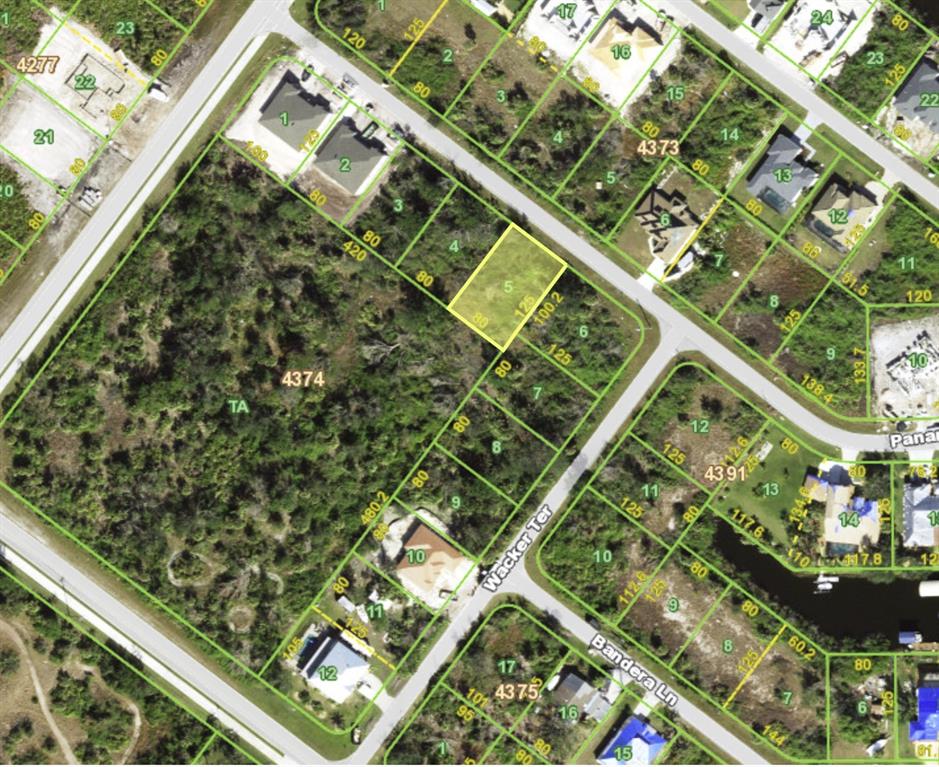 This is an aerial map showing residential lots and streets in a suburban neighborhood — 9438 PANAMA CIRCLE, PORT CHARLOTTE, FL