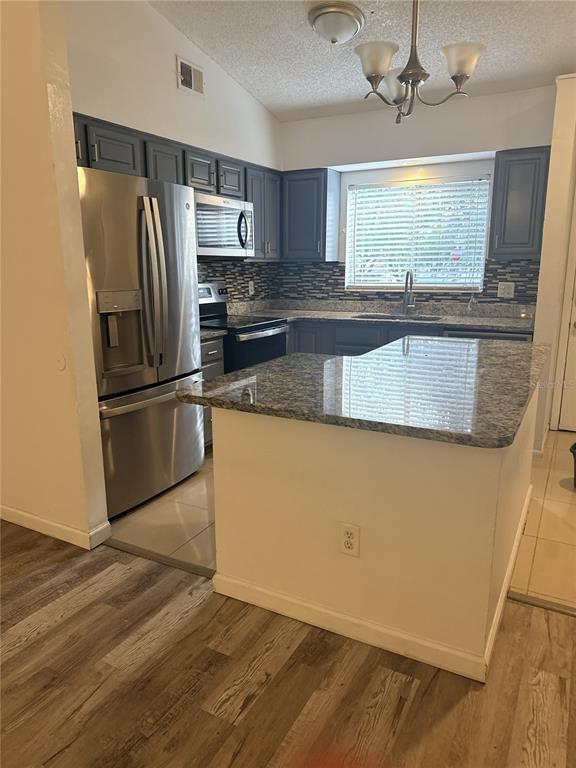 A kitchen features gray cabinets, granite countertops, stainless steel appliances, and wood-look flooring — 247 GROVE STREET, ORLANDO, FL