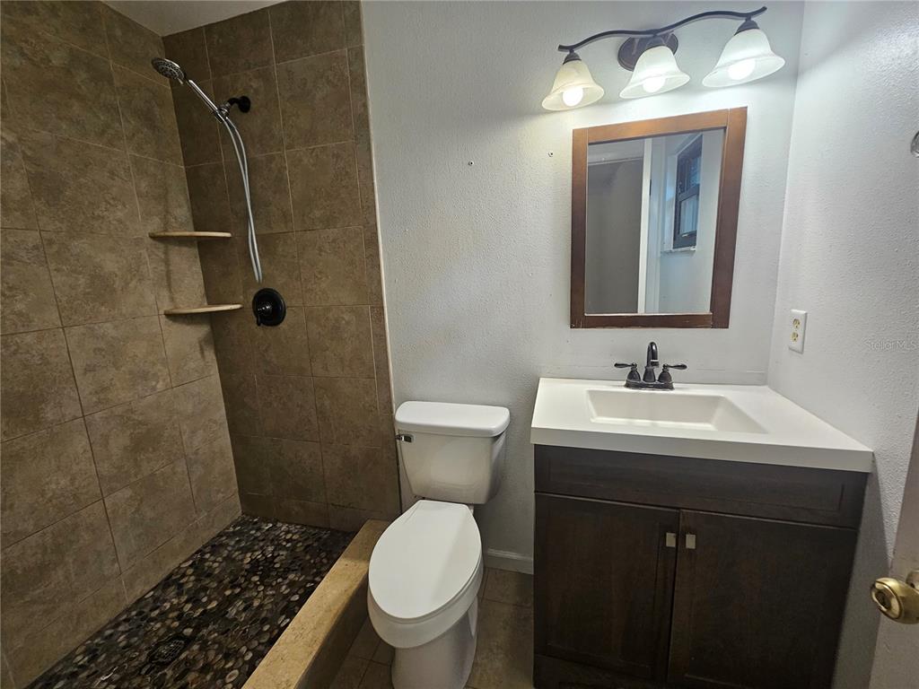 A bathroom features a tiled walk-in shower, a toilet, and a dark wood vanity — 247 GROVE STREET, ORLANDO, FL