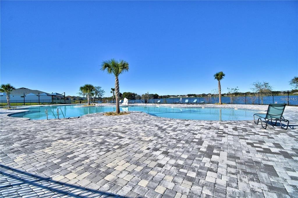 A paved pool deck features a swimming pool, palm trees, and a view of a lake — 2335 BRASSIE COURT, WINTER HAVEN, FL