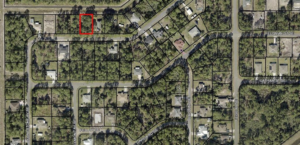 This is an aerial map showing a highlighted vacant residential lot in a suburban neighborhood — 151 DAILEY STREET SE, PALM BAY, FL