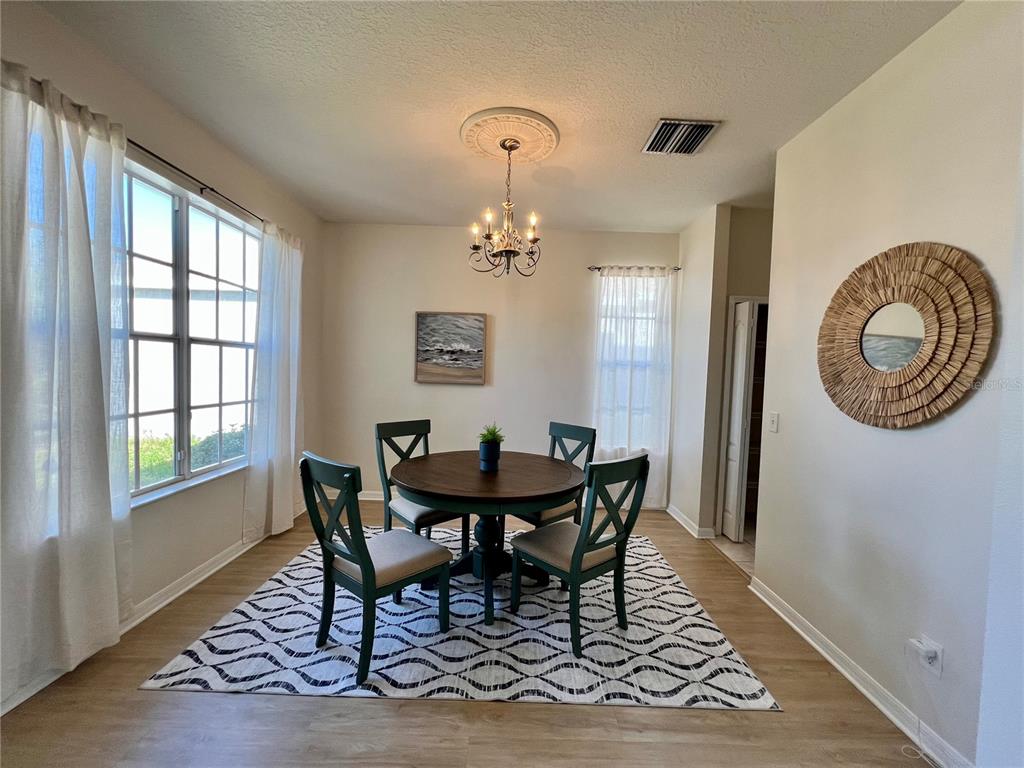 A dining room features a round wooden table, four green chairs, and a patterned rug — 411 DURHAM SHORE COURT, APOLLO BEACH, FL