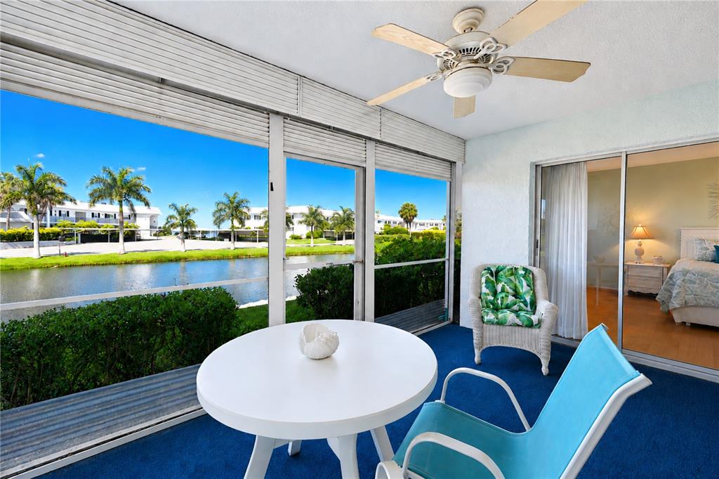 A screened-in balcony with a table, chairs, blue carpet, and a view of a pond — 4809 INDEPENDENCE DRIVE, BRADENTON, FL