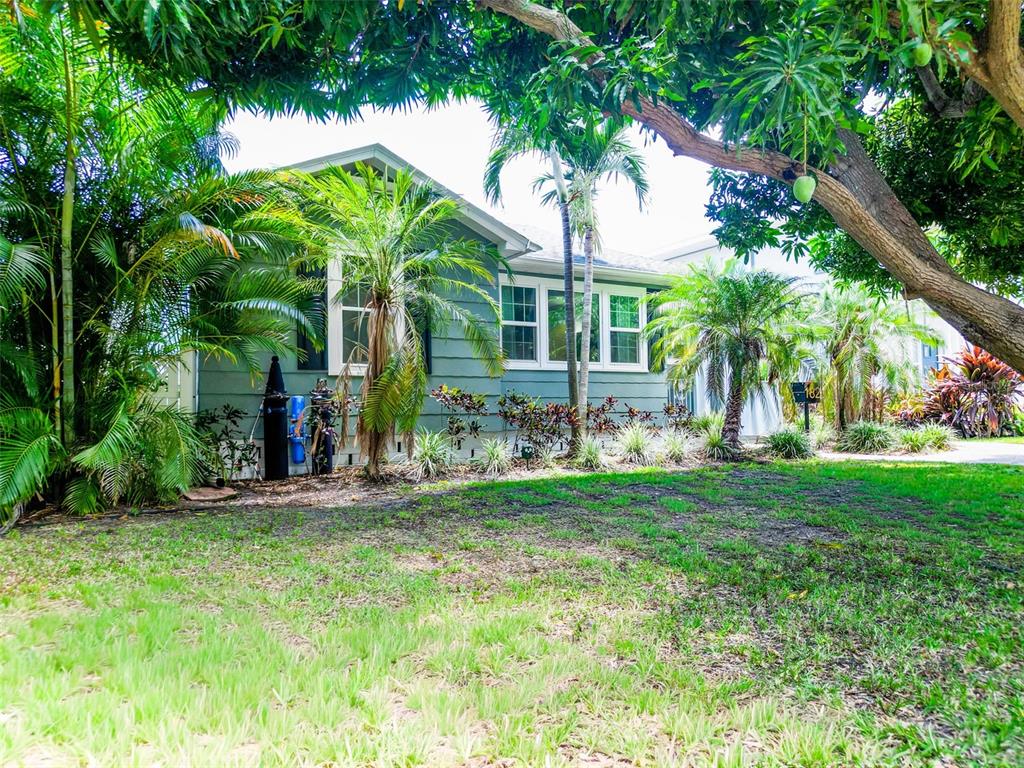 A green house with white trim is surrounded by palm trees and a grassy lawn — 182 29TH AVENUE N, ST PETERSBURG, FL