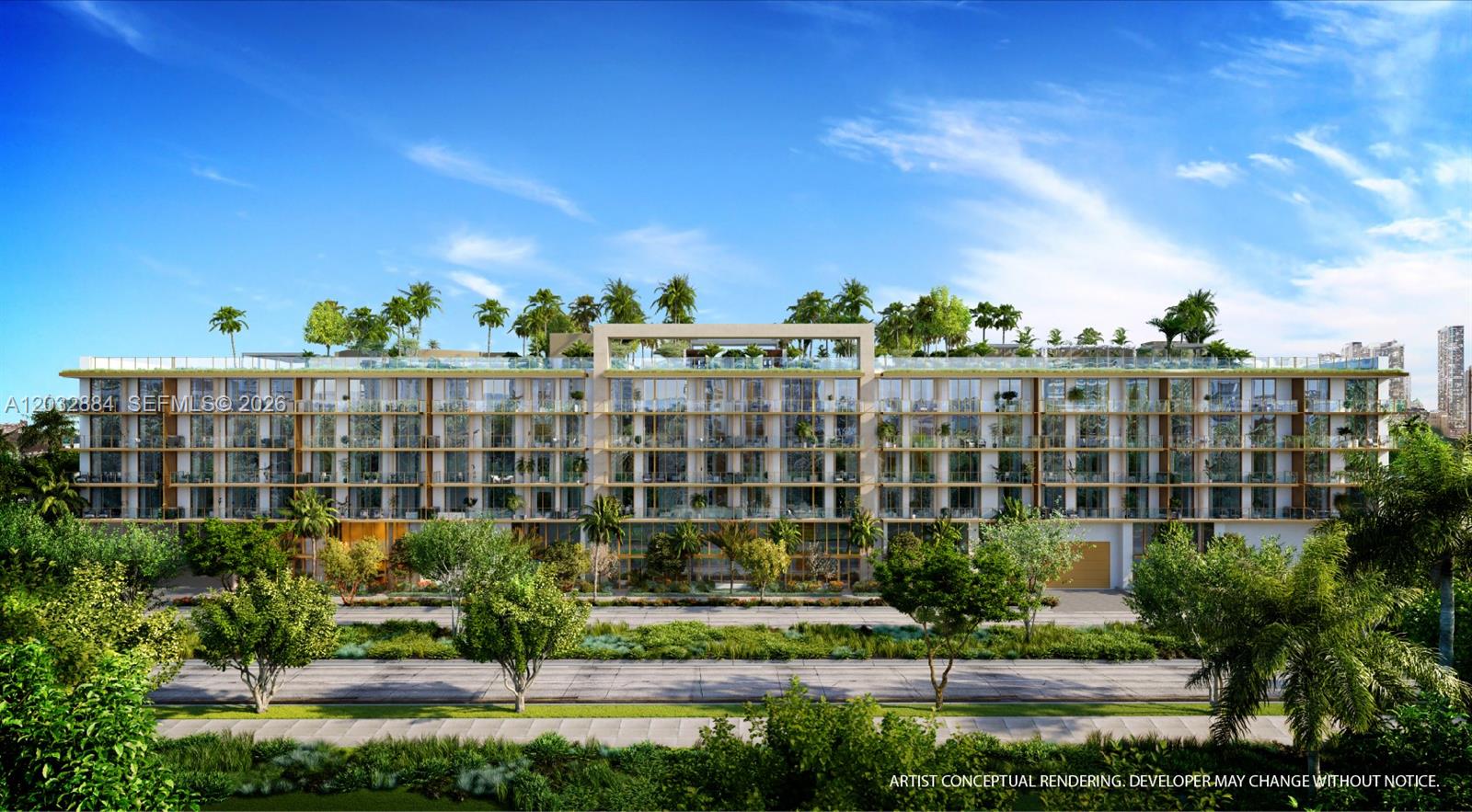 This is an artist conceptual rendering of a modern multi-story residential building with rooftop landscaping — 2200 Brickell Ave # 105, Miami FL 33129, MIAMI, FL
