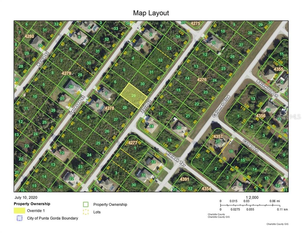 This is a map layout showing property lots and street boundaries in a residential area — 9221 ZORN STREET, PORT CHARLOTTE, FL