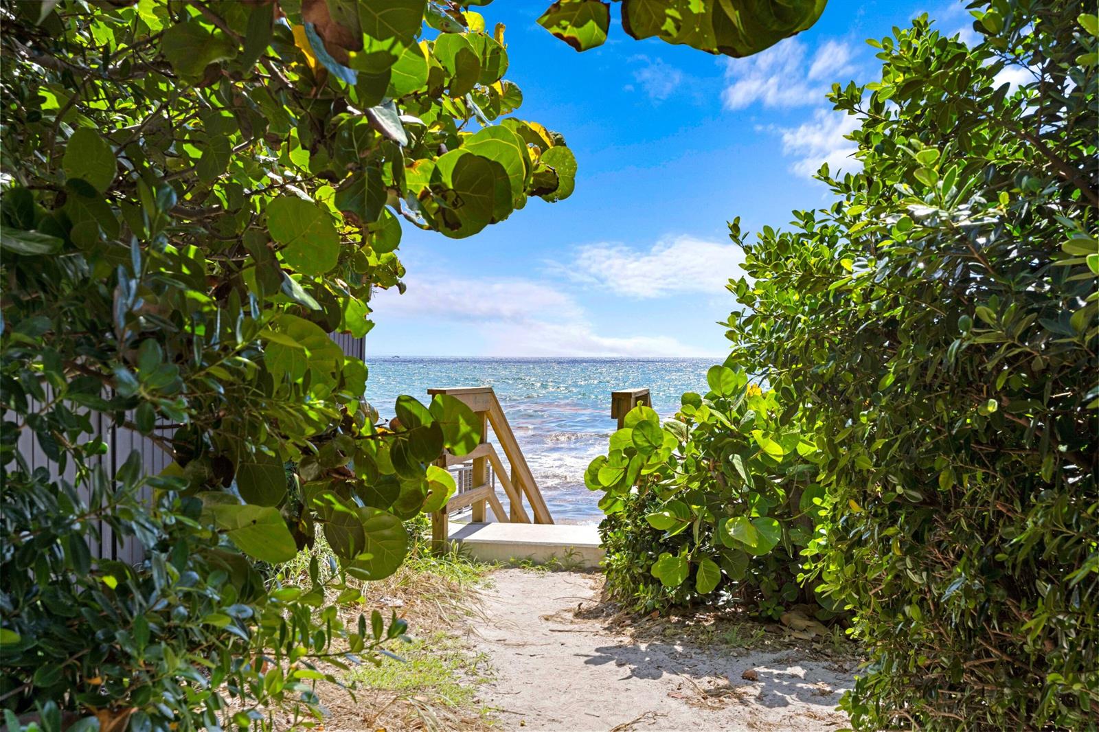 A sandy path leads through lush green foliage to wooden stairs overlooking the ocean — 35 Anna Street, Boynton Beach FL 33435, BOYNTON BEACH, FL