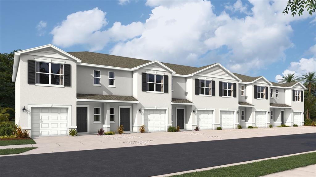 This is a digital rendering of a row of modern townhomes with attached garages — 18655 BUCKSKIN DRIVE, LAKEWOOD RANCH, FL