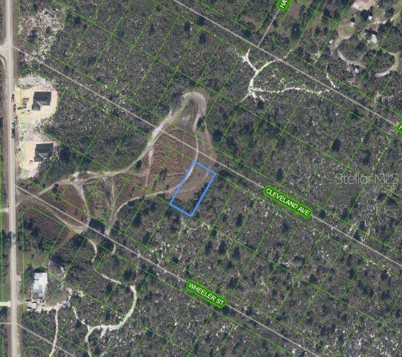 An aerial map shows a highlighted rectangular land parcel situated near a dirt road — 1033 CLEVELAND AVENUE, LAKE PLACID, FL
