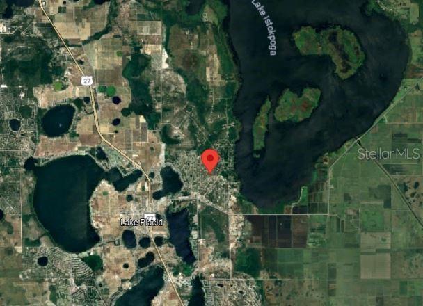 This is a satellite map showing the location of a property near Lake Istokpoga — 1033 CLEVELAND AVENUE, LAKE PLACID, FL