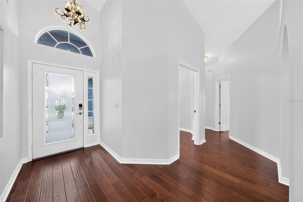 An entryway with dark wood floors, white walls, a vaulted ceiling, and a glass-paneled front door — 630 RIOMAR AVENUE, ORLANDO, FL