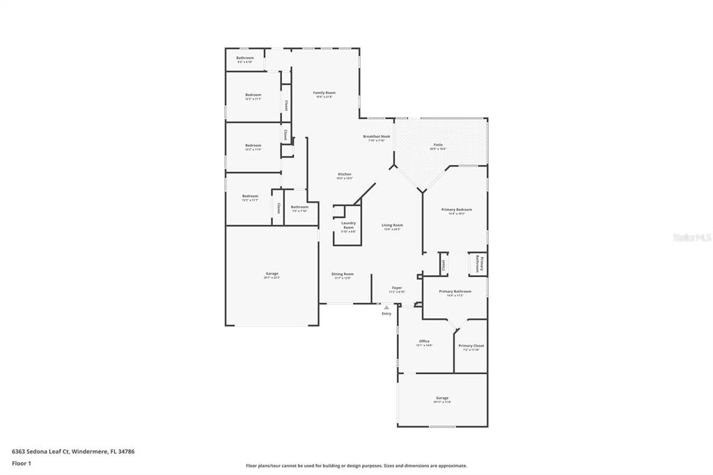 This is a floor plan for a single-story house with multiple bedrooms and two garages — 6363 SEDONA LEAF COURT, WINDERMERE, FL