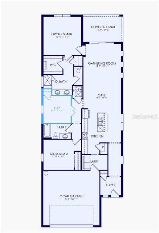 This is a floor plan for a single-story home featuring two bedrooms, a flex room, and garage — 18937 INDIAN ROCK PLACE, LAKEWOOD RANCH, FL