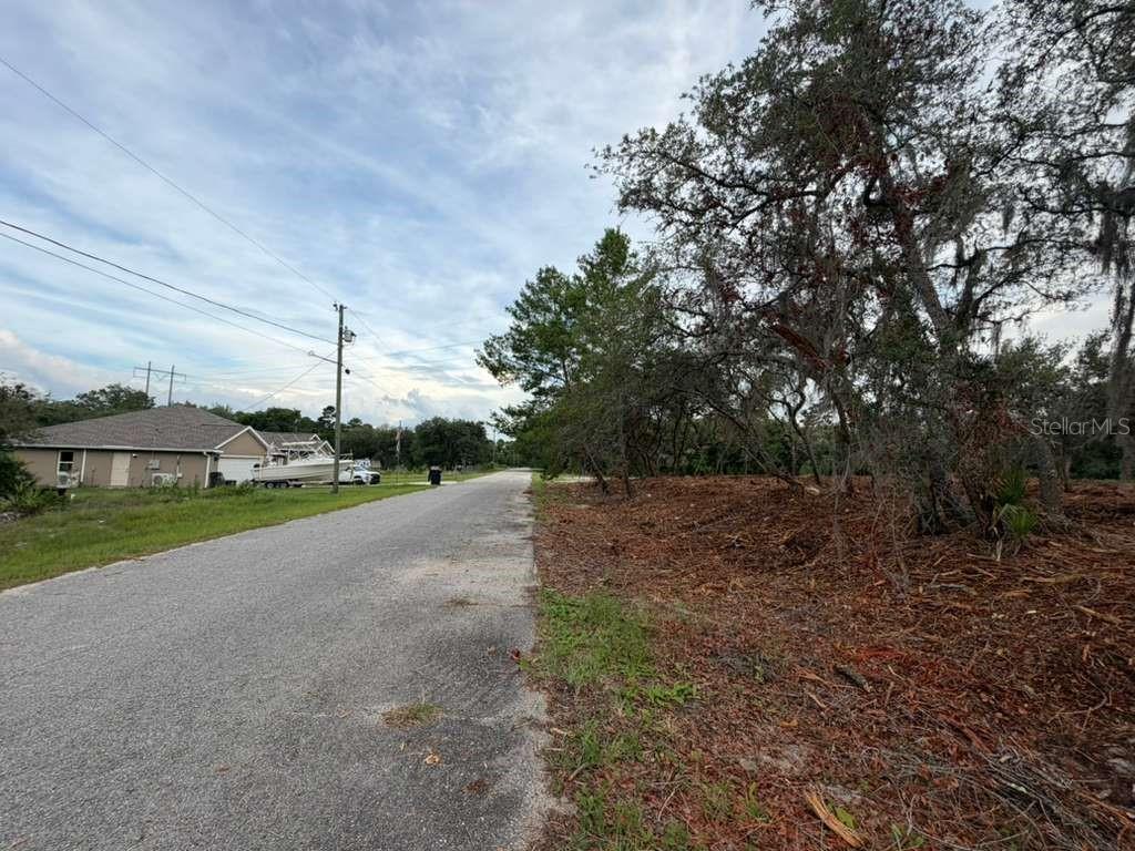 A paved road runs alongside a wooded lot with a house visible in the distance — SEQUOIA TRAIL, OCKLAWAHA, FL