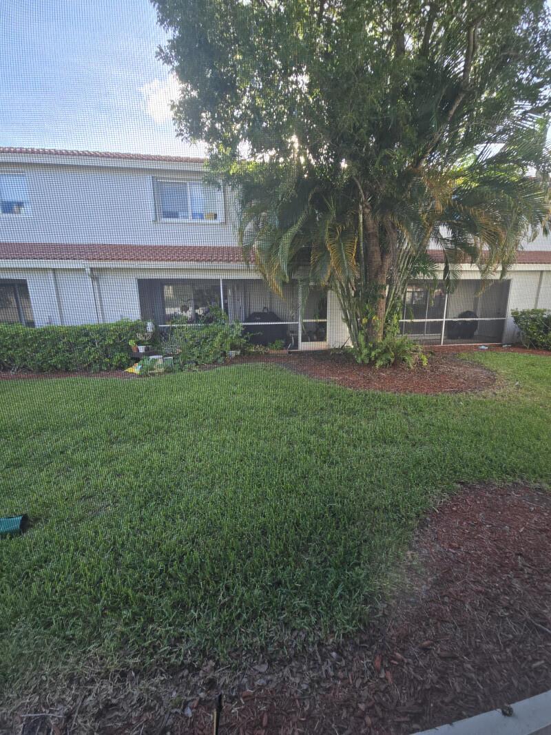 A view of a grassy backyard with a large tree and a screened-in patio area — 6511 Sandy Bank Terrace, Riviera Beach FL 33407, RIVIERA BEACH, FL