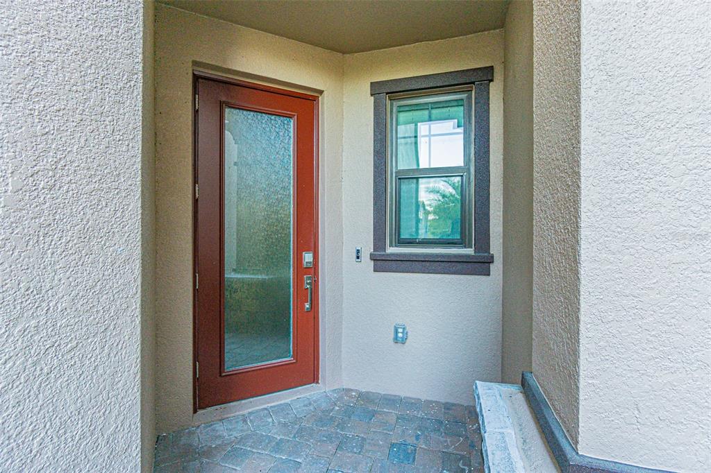A red front door with a glass panel sits next to a window on a porch — 5062 SAN MARTINO DRIVE, WESLEY CHAPEL, FL
