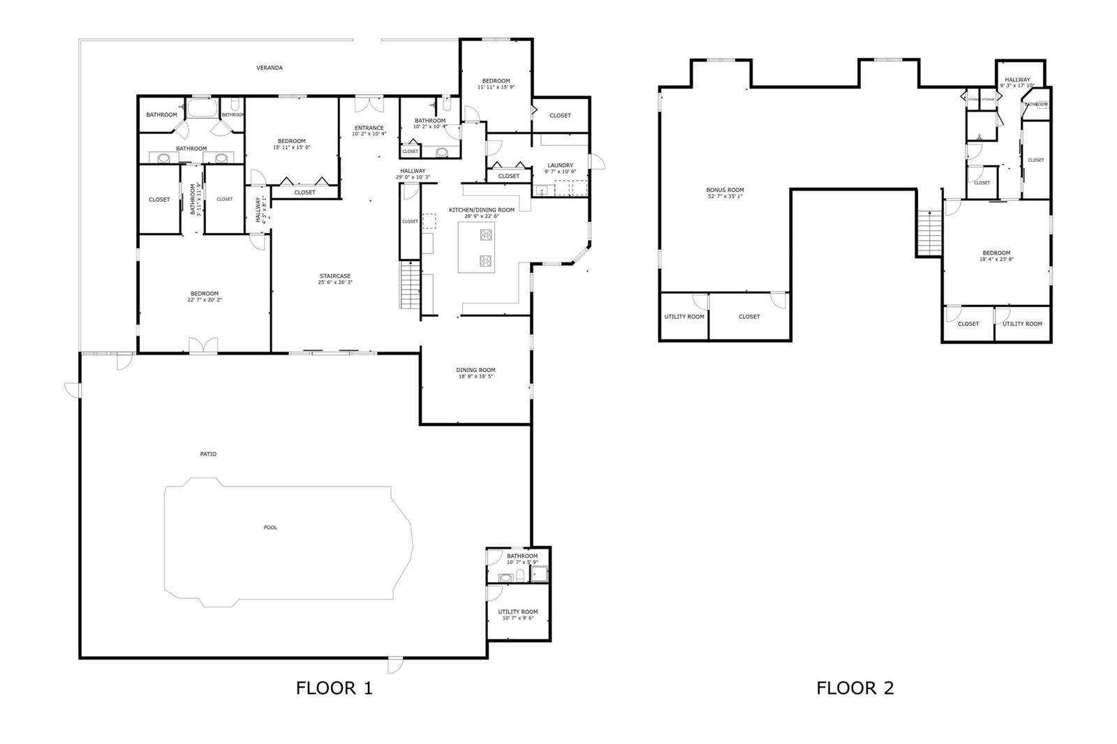 This is a floor plan showing the layout of a two-story house with a pool — 8686 Andrews Avenue, Fort Pierce FL 34945, FORT PIERCE, FL