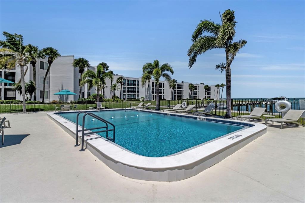 A rectangular swimming pool sits on a concrete deck surrounded by palm trees and buildings — 448 GULF OF MEXICO DRIVE UNIT A205, LONGBOAT KEY, FL