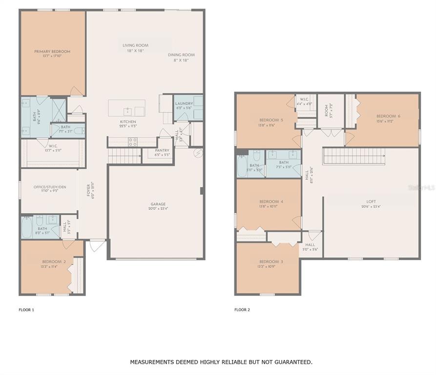 This is a two-story floor plan showing the layout of a six-bedroom residential home — 4395 TROTTERS WAY, LAKELAND, FL