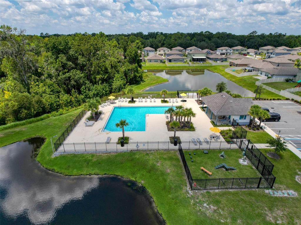 An aerial view shows a community swimming pool, a dog park, and a pond — 4395 TROTTERS WAY, LAKELAND, FL