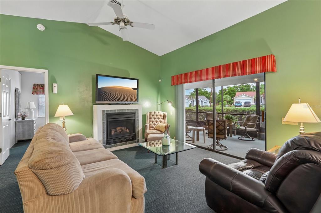A living room with green walls, a fireplace, a ceiling fan, and a sliding glass door — 8328 PAVILION DRIVE, HUDSON, FL