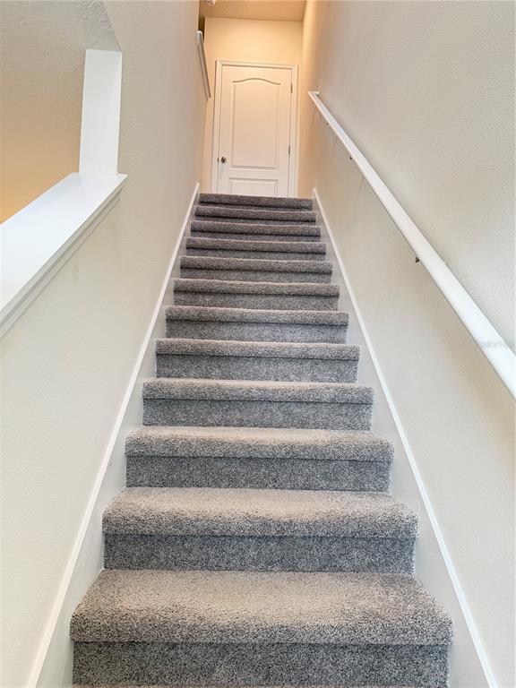 A straight carpeted staircase leads up to a closed white door in a hallway — 3164 GOOSE ROAD, DAVENPORT, FL