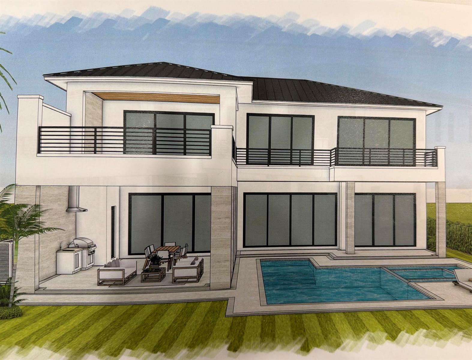 This architectural rendering shows the rear exterior of a two-story modern home with a pool — 13249 Rolling Green Road, North Palm Beach FL 33408, NORTH PALM BEACH, FL