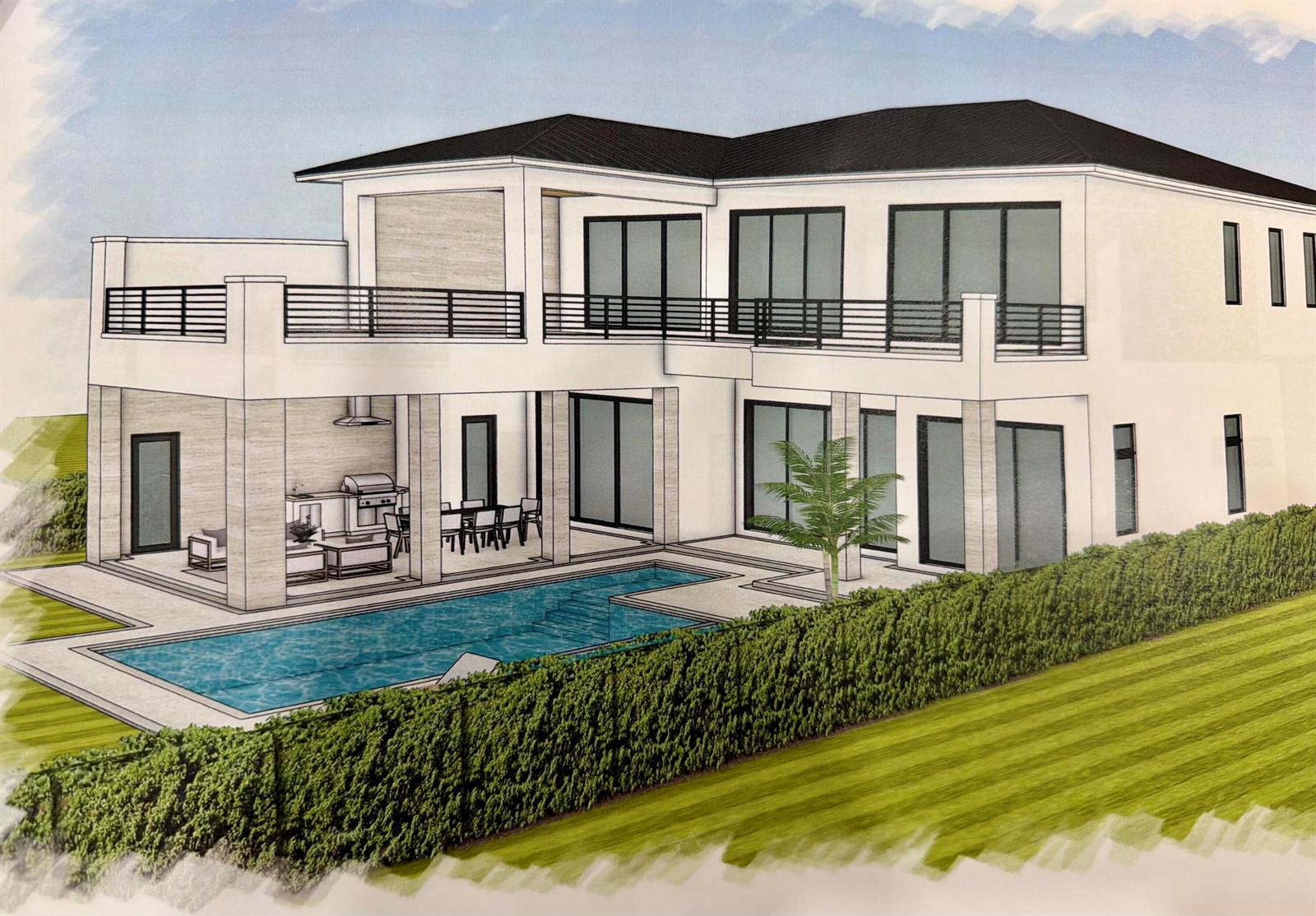 This architectural rendering shows a modern two-story house with a pool and covered patio — 13249 Rolling Green Road, North Palm Beach FL 33408, NORTH PALM BEACH, FL