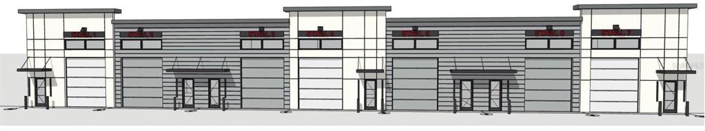 This is a digital rendering of a modern commercial building exterior with seven garage bays — 11 HARGROVE LANE, PALM COAST, FL