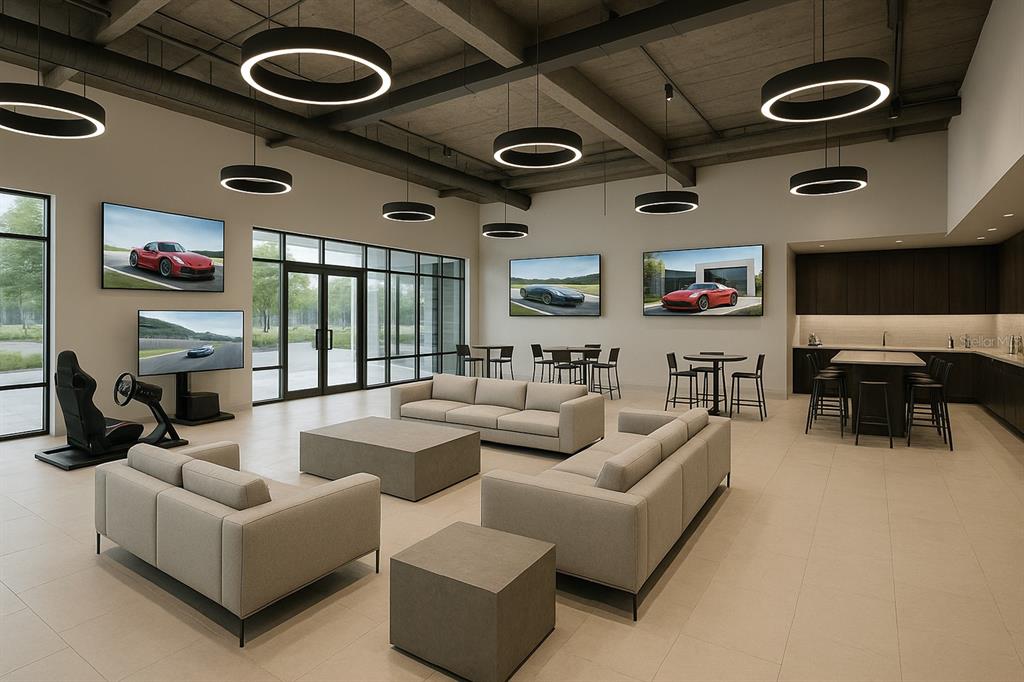 This rendering shows a modern lounge area with sofas, a racing simulator, and kitchen island — 11 HARGROVE LANE, PALM COAST, FL
