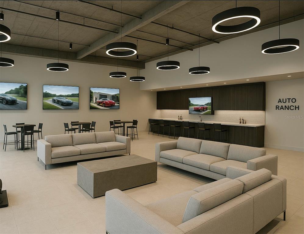 This rendering shows a modern lounge area with gray sofas, circular pendant lights, and car-themed decor — 11 HARGROVE LANE, PALM COAST, FL