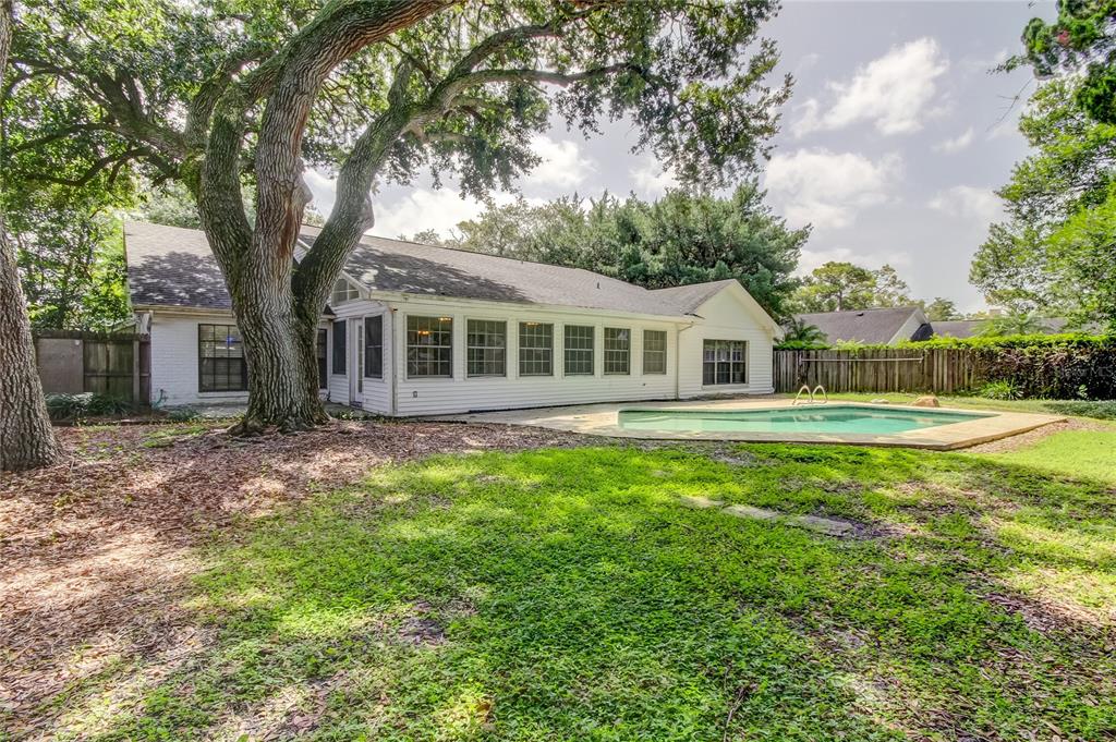 A white house with a large oak tree and a swimming pool in the backyard — 10406 RECLINATA LANE, TAMPA, FL