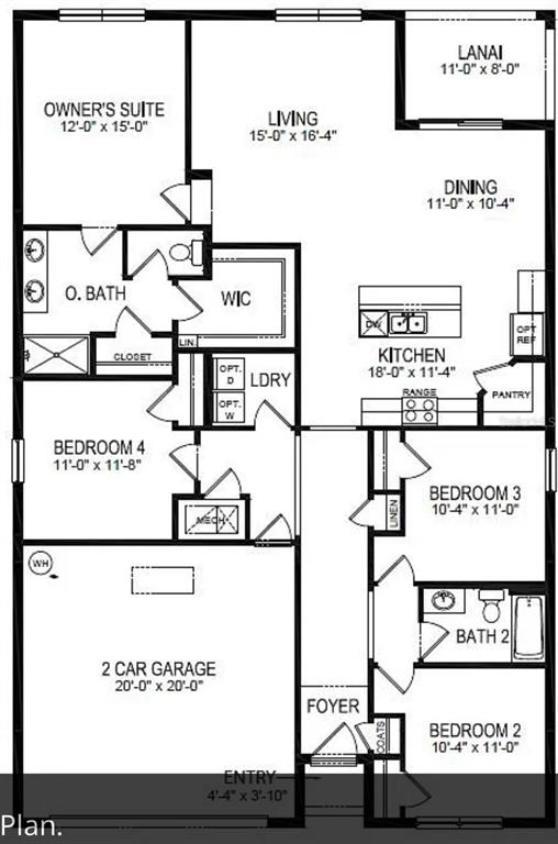 This floor plan shows a four-bedroom, two-bathroom home with a two-car garage and a lanai — 975 BROOKLET DRIVE, DAVENPORT, FL