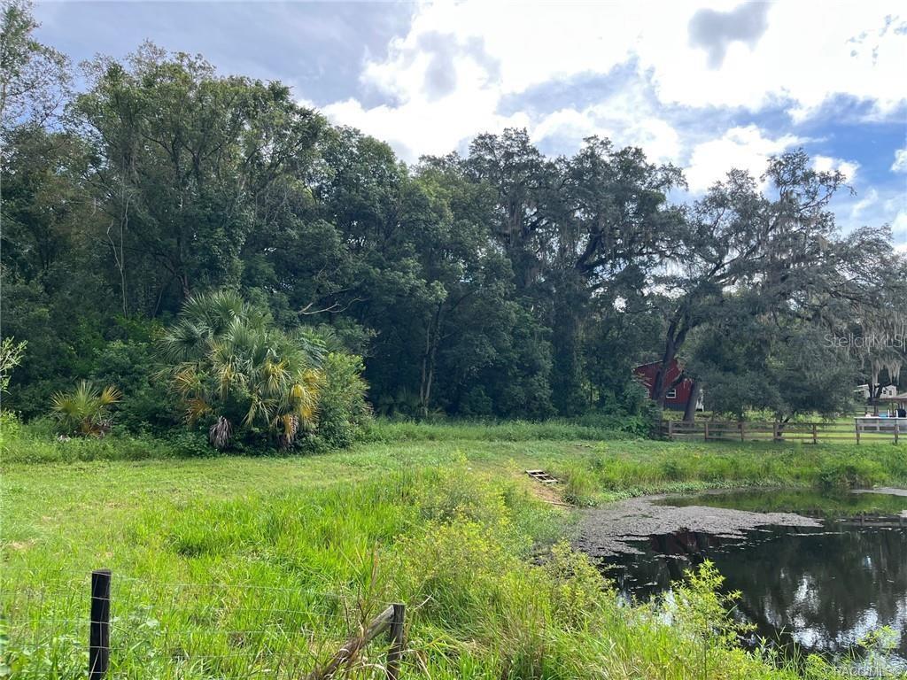A grassy field with a small pond and dense trees in front of a red building — 4780 S SILVER FOX TERRACE, INVERNESS, FL
