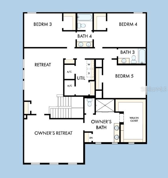 This is a floor plan of a residential second story featuring five bedrooms and four bathrooms — 5699 LEAFLET TRAIL, MOUNT DORA, FL
