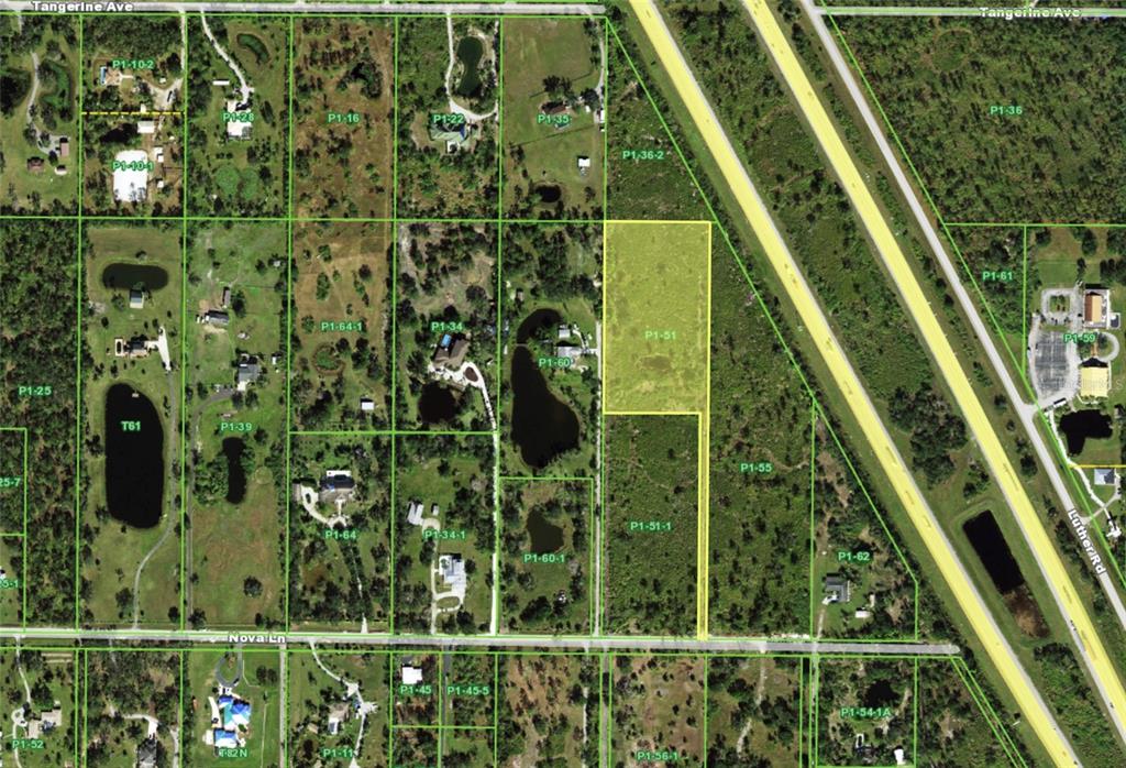 This is an aerial map showing property boundaries and land parcels in a rural area — 24758 NOVA LANE, PUNTA GORDA, FL