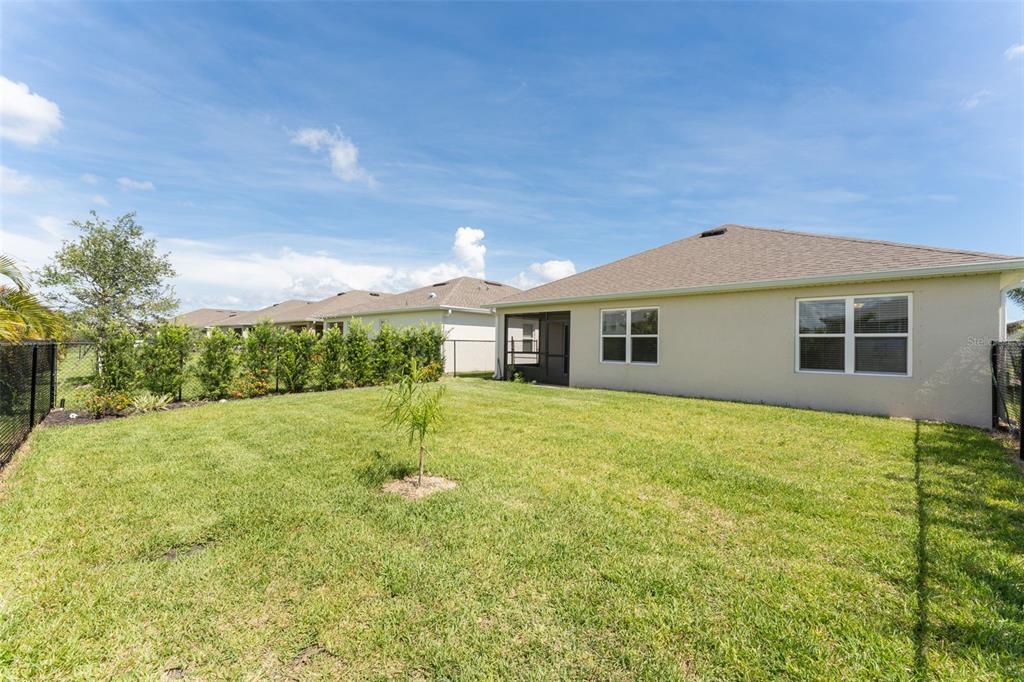 A backyard with a green lawn, a small tree, and a tan house with windows — 3945 RIVER BANK WAY, PUNTA GORDA, FL