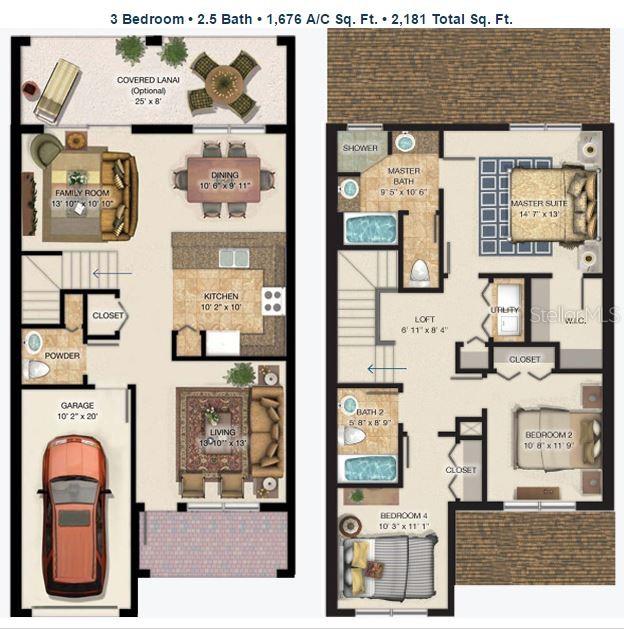 This floor plan shows a two-story, three-bedroom, 2.5-bath home with a garage and covered lanai — 1899 PORTOFINO MEADOWS BOULEVARD, ORLANDO, FL