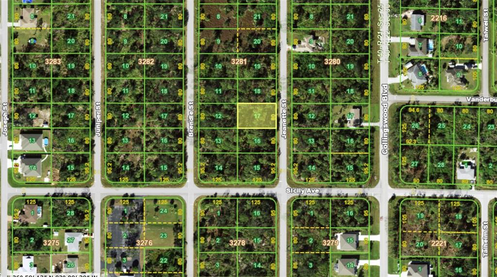 This is a map showing residential land parcels and street layouts in a neighborhood — 4129 JEANETTE STREET, PORT CHARLOTTE, FL