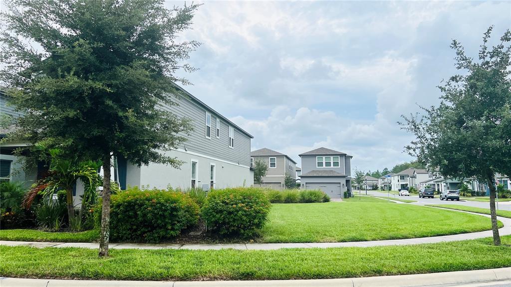A view of suburban houses with gray siding and green lawns under a cloudy sky — 13706 WERRINGTON DRIVE, WINTER GARDEN, FL