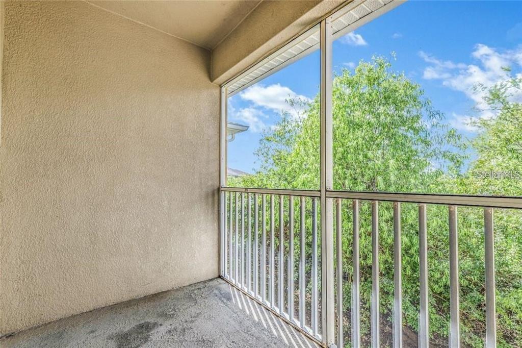 A screened-in balcony with a concrete floor and white metal railings overlooking green trees — 9519 NEWDALE WAY UNIT 201, RIVERVIEW, FL