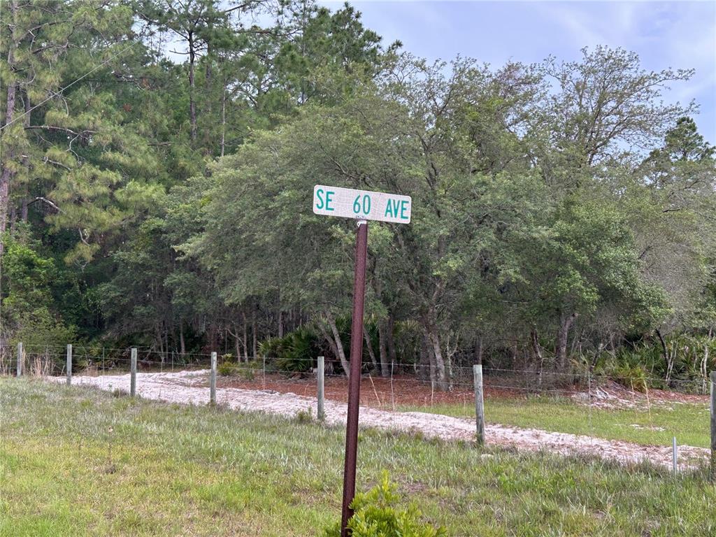 A street sign reading SE 60 AVE stands in front of a wooded area and fence — 0000 SE 60TH AVENUE, MORRISTON, FL